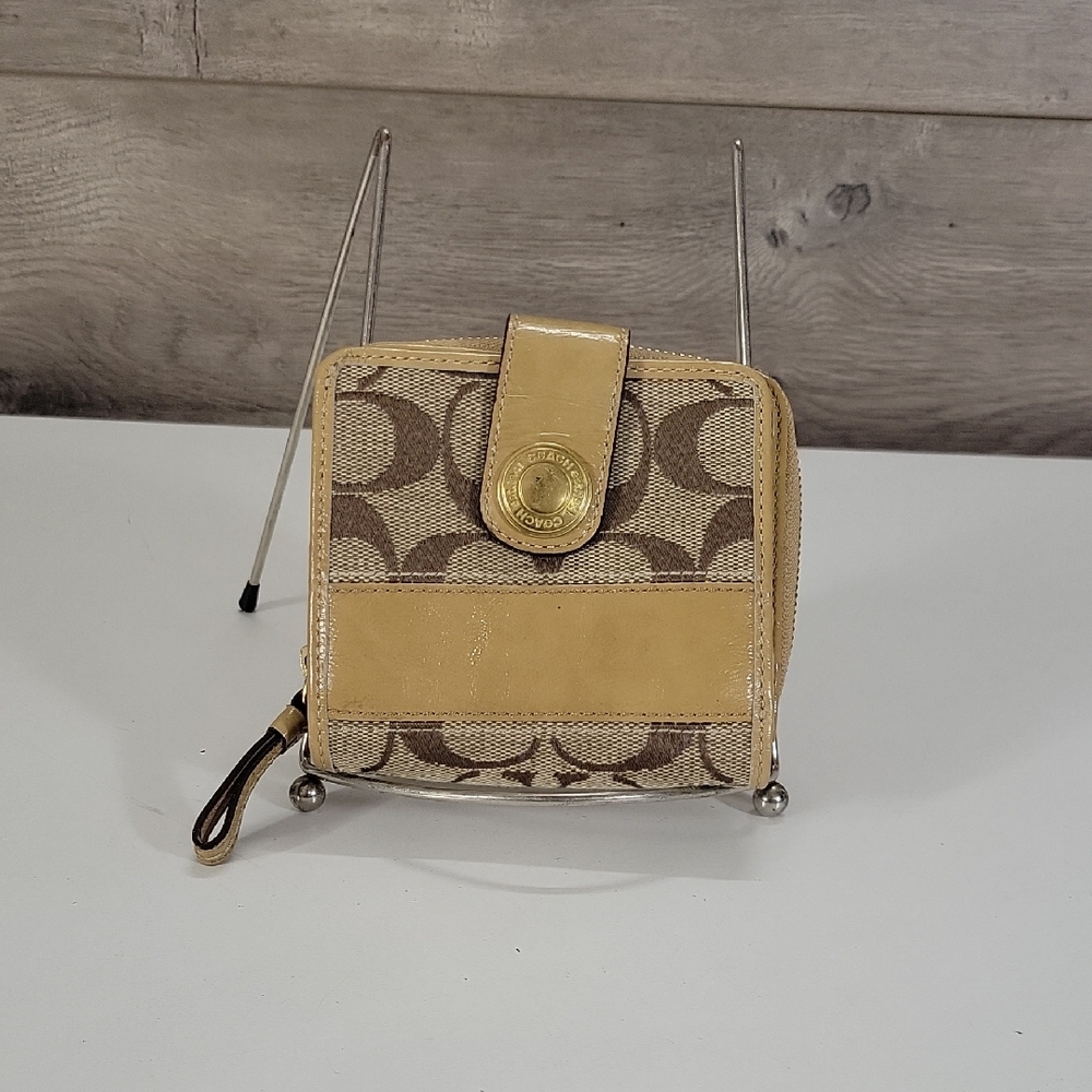 Coach Beige Signature Canvas Wallet with Tan Leather Trim